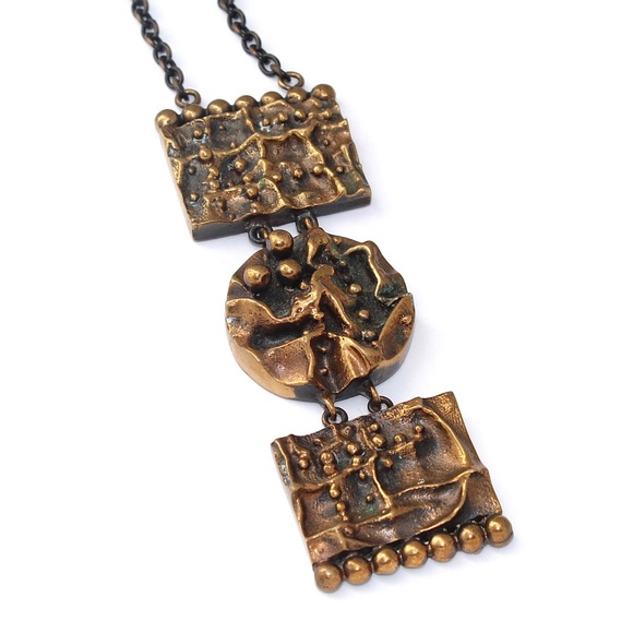 Vintage Brutalist Bronze Pendant Necklace Long Triple Panel Abstract Modernist - Picture 3 of 11